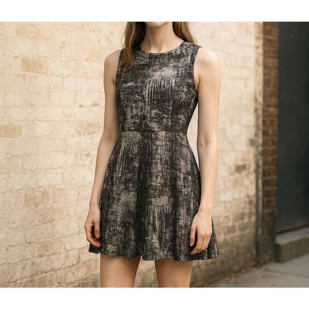 ONE Heart CLOTHING Mini Dress A Line Sleeveless Black On Beige Abstract